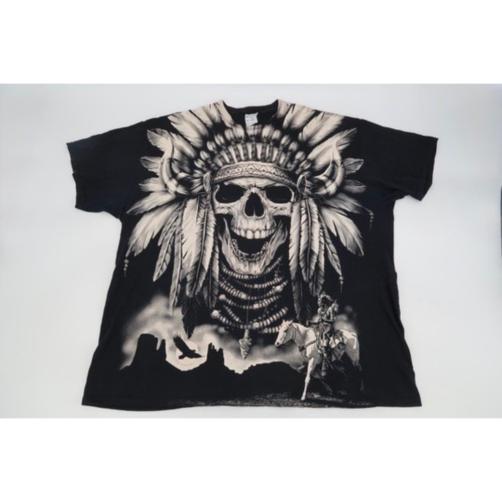 Jerzees Skull Native American T-Shirt Mens 2XL Black All Over Graphic Tee XXL - Picture 1 of 10